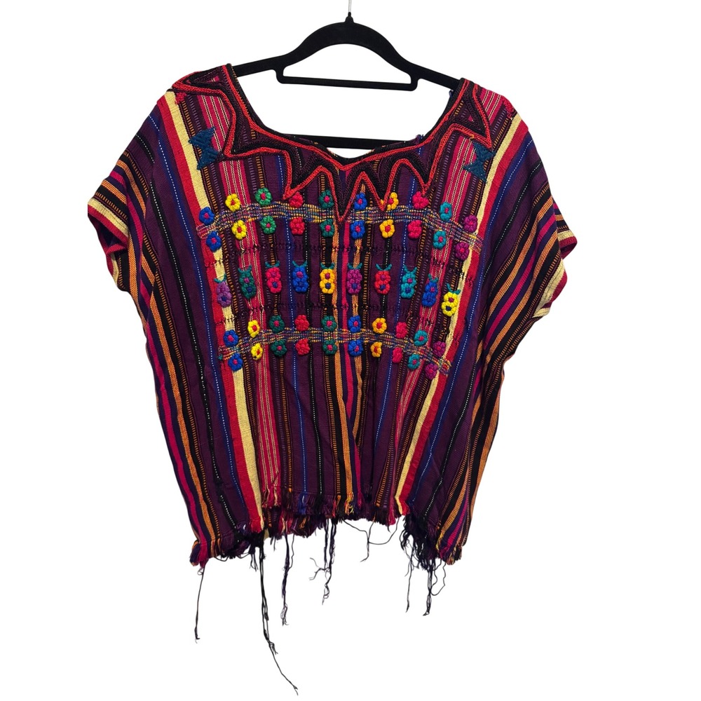 Handmade Guatemalan Huipil Embroidered Floral Woven Stripe Boho Top Purple OS
